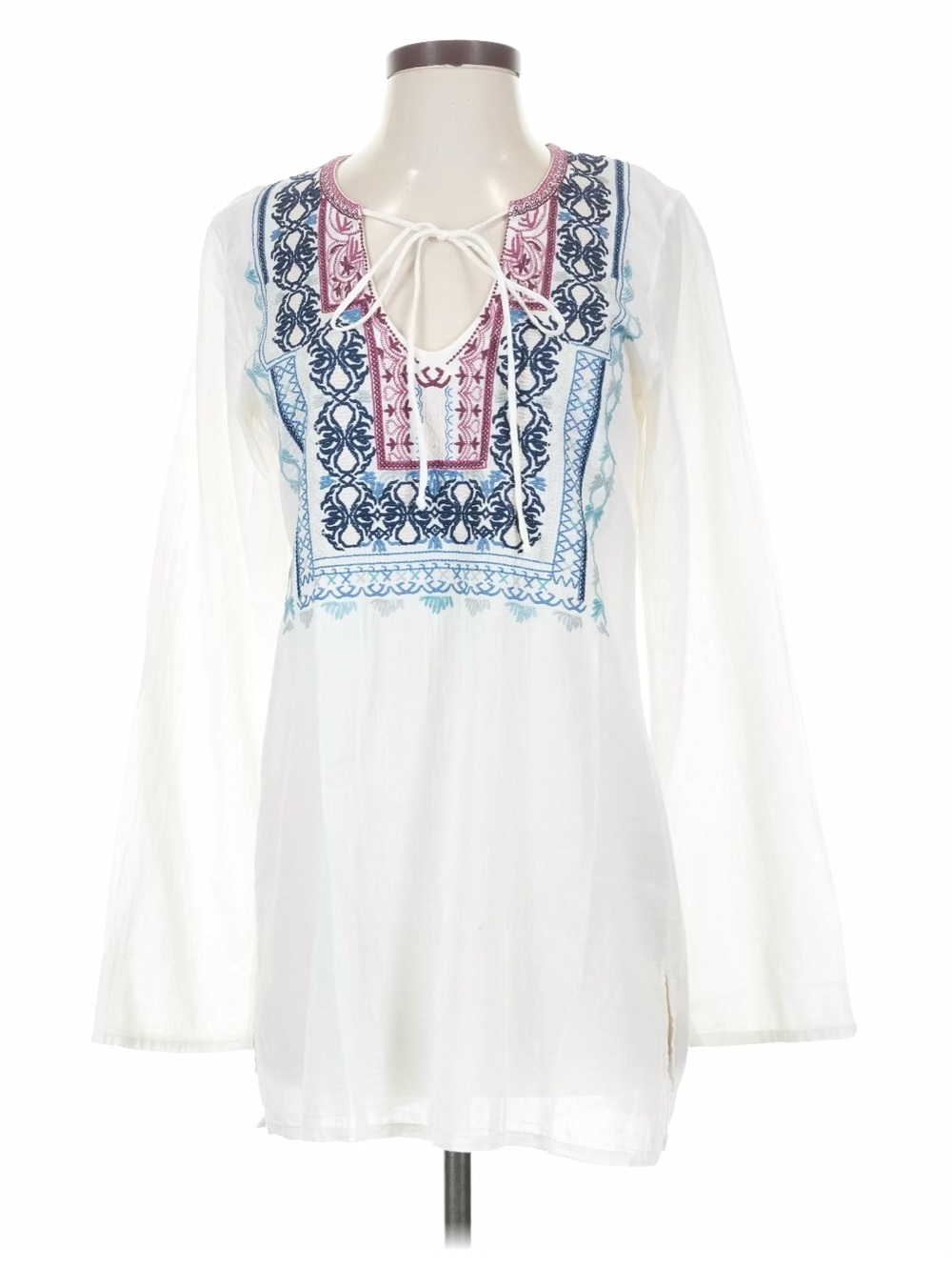White Embroidered Peasant Tunic with Blue & Pink Accents
